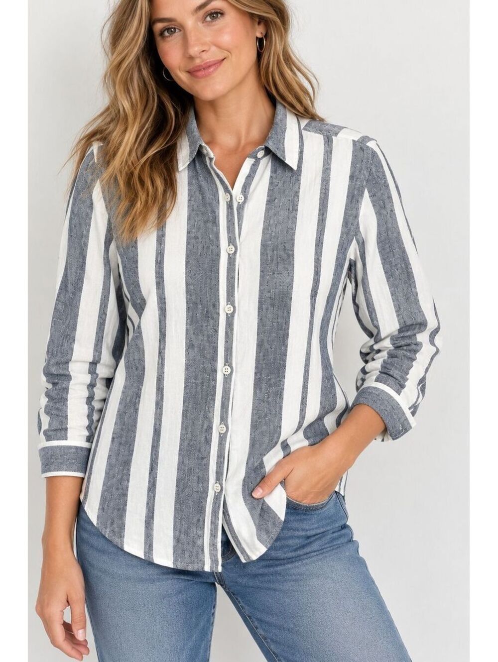 Orvis Classic Collection Linen Rayon Striped Button Down Shirt Women's S